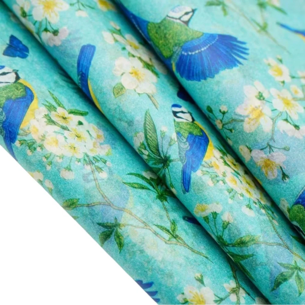 Turquoise Blue Floral & Bird Gift Wrapping Tissue - 5 Individual Sheets
